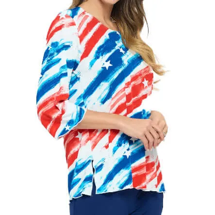 Women's Made in USA Paintbrush Stars and Stripes 3/4 Sleeve Top