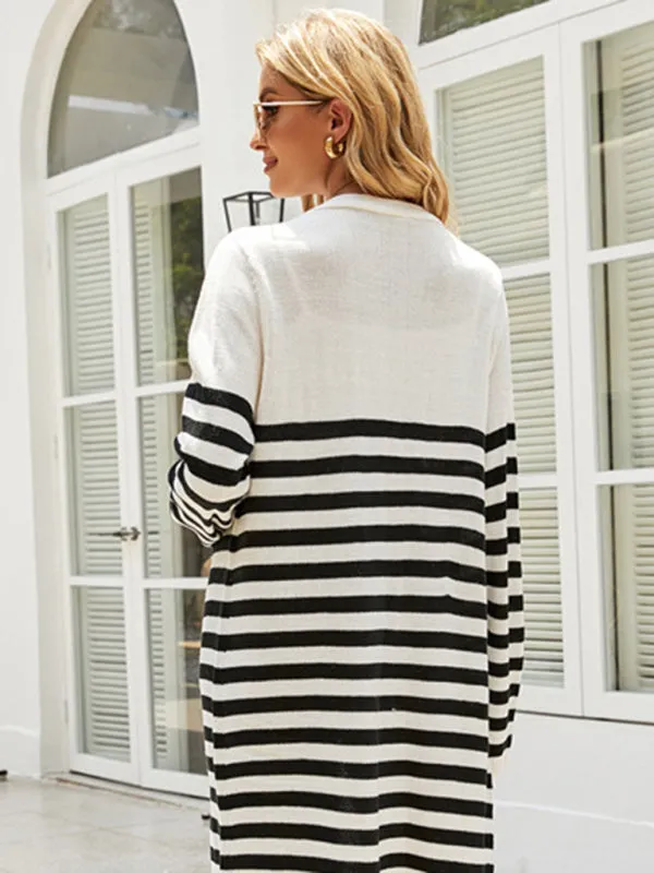 Women's Mid Length Open Front Casual Striped Cardigan