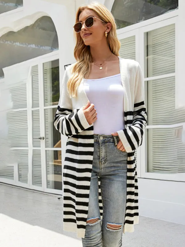 Women's Mid Length Open Front Casual Striped Cardigan