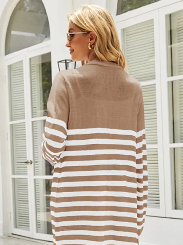 Women's Mid Length Open Front Casual Striped Cardigan